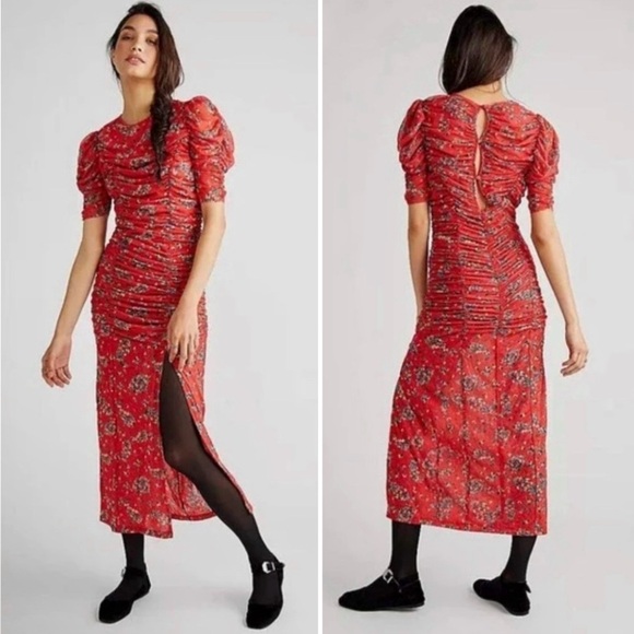 NWT Free People Briella Ruched Floral Midi Dress Bloom Combo Red XL - Picture 2 of 16